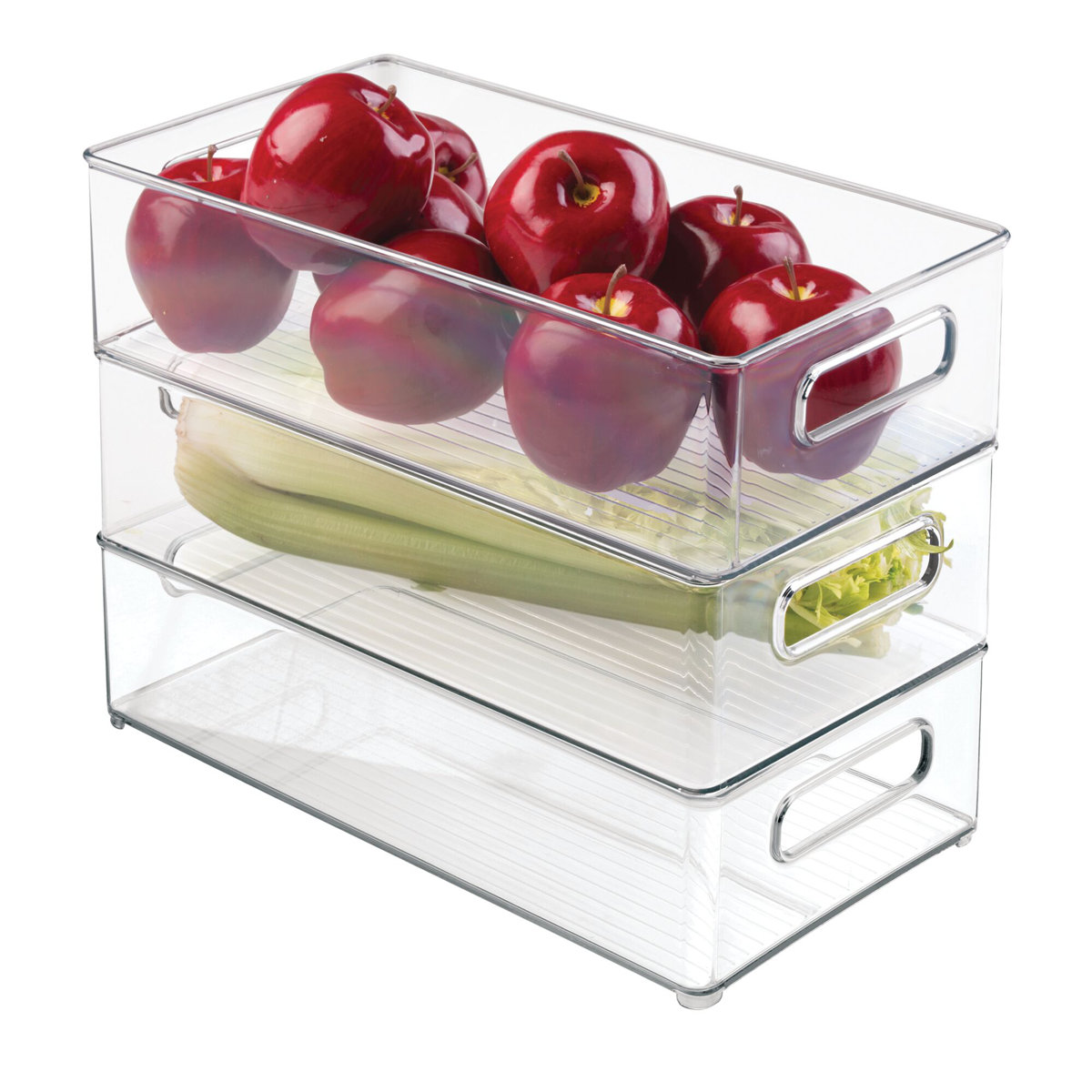 iDesign 3-Piece Set Plastic Fridge and Freezer Bins with Integrated Handles, 8" x 4" x 14.5", Clear